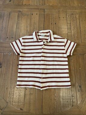 Bebe organic tan brown striped waffle knit short sleeve snap front top 8 years